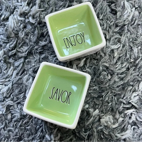 Rae Dunn Savor and Enjoy Square Ceramic Bowl Set Green FabFitFun Gift 3” - Picture 7 of 8